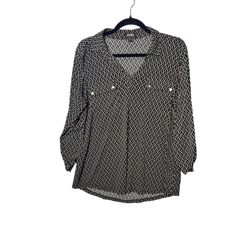 Jones New York Womens Blouse Large Black White Geometric Roll Tab Office Career